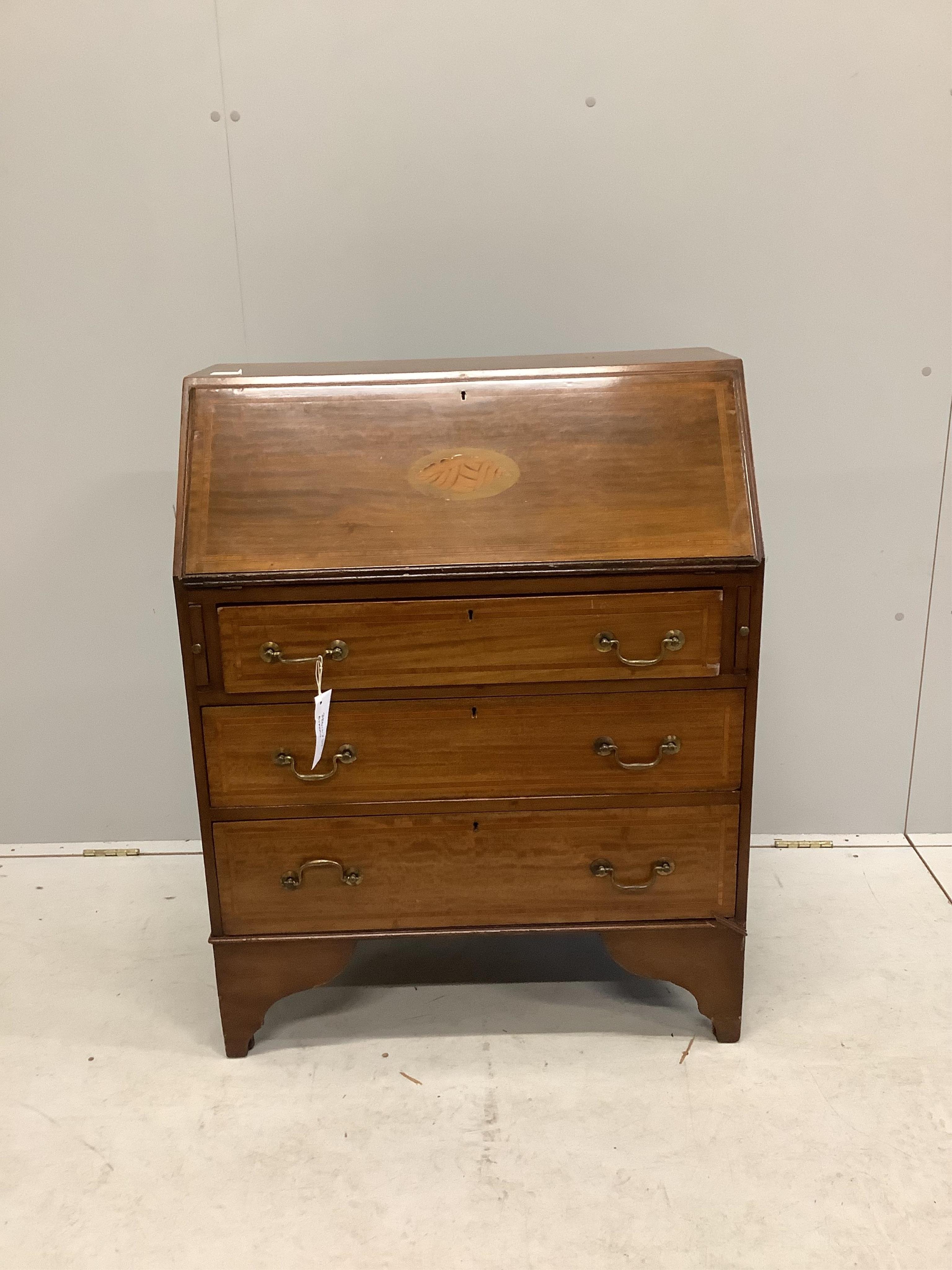 An Edwardian inlaid mahogany bureau fitted three drawers, width 75cm, depth 42cm, height 95cm. Condition - fair